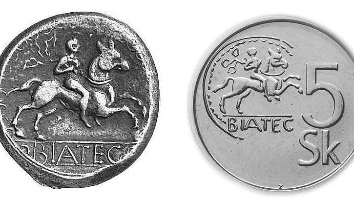 Vlevo: Keltská mince BIATEC nalezená na Slovensku; vpravo: tehdejší pětikorunová slovenská mince.