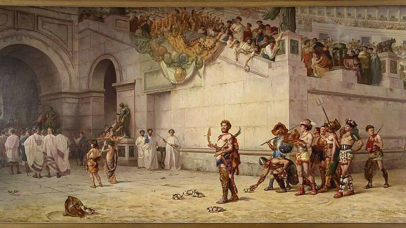 Císař Commodus opouští arénu v čele gladiátorů od amerického malíře Edwina Howlanda Blashfielda (1848-1936) ve stálé sbírce The Hermitage Museum and Gardens v Norfolku ve Virginii (USA).